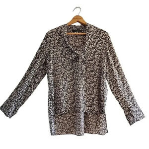 NWOT Zara Womens Black White Floral Pullover Tie Hi Low Pullover Blouse …